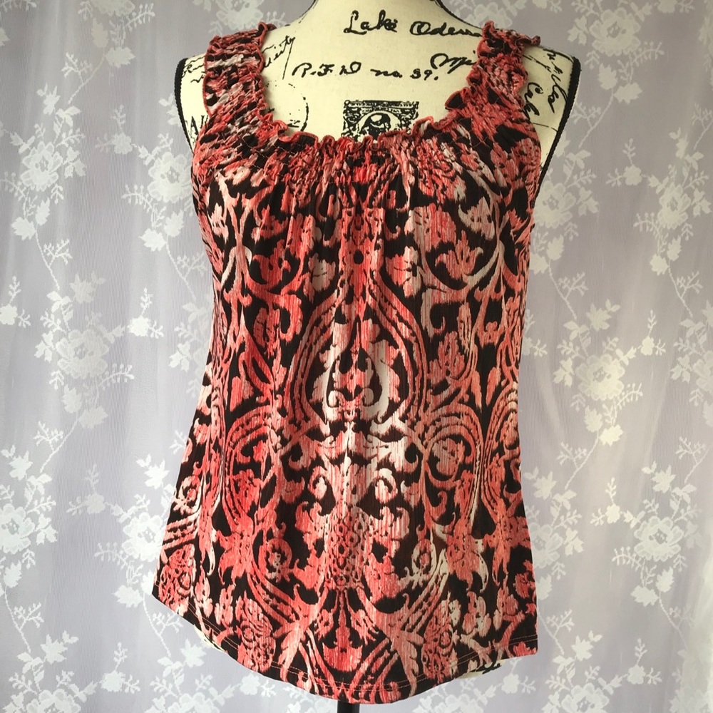 EUC peasant style sleeveless top in red tones